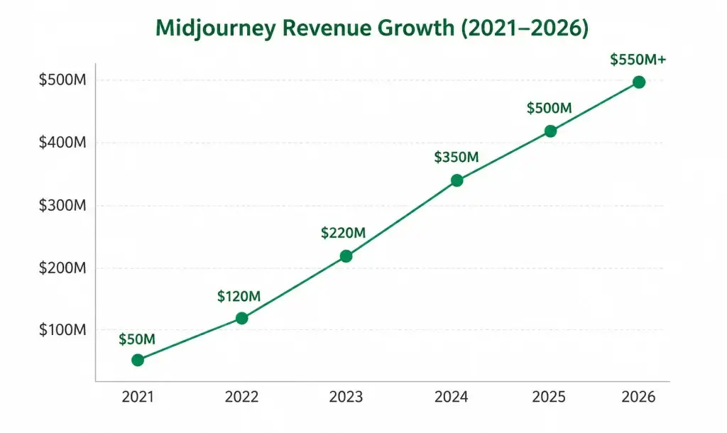 Midjourney Revenue Model: How Midjourney Makes Money in 2026 1 Midjourney revenue growth chart showing estimated increase from $50 million in 2021 to over $550 million in 2026