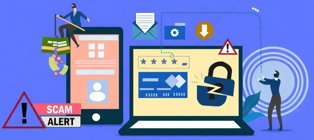 How Safe is a White-Label Freelancer App? Security Guide 2026 2 Illustration showing freelancer app security threats, scam alert, data protection, and secure payment systems