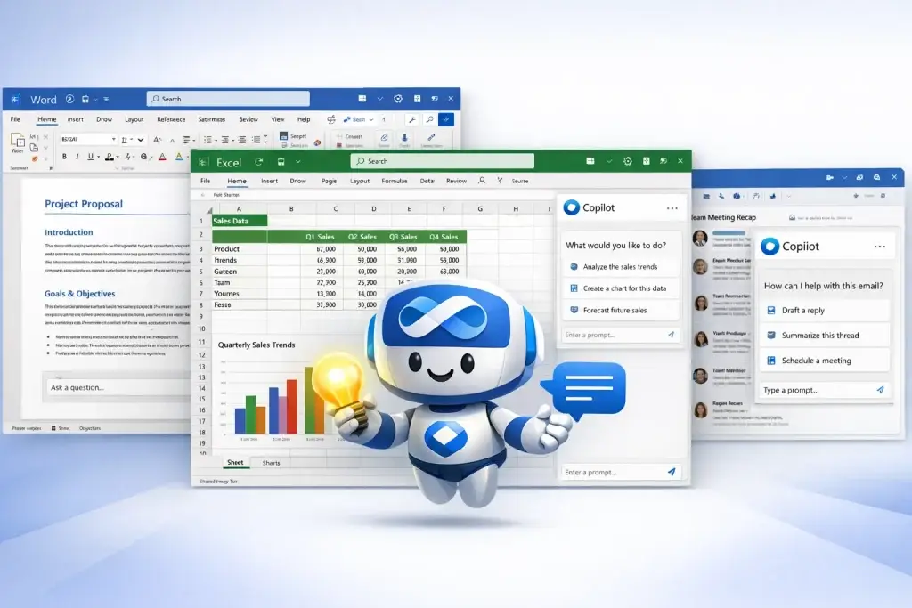 What Is Microsoft Copilot and How Does It Work? 1 Microsoft Copilot AI assistant integrated with Microsoft Word, Excel, and Outlook, helping users analyze data, generate documents, summarize emails, and automate productivity tasks within Microsoft 365 applications.