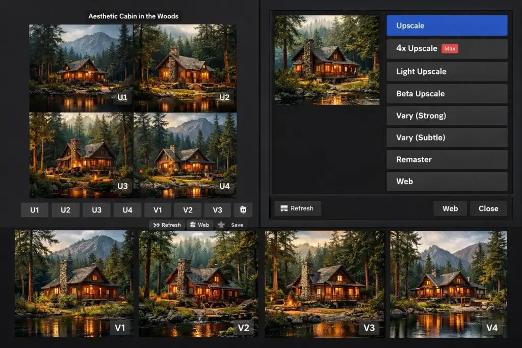 What Is Midjourney and How Does It Work? 2 Midjourney AI image generation interface displaying an aesthetic cabin in the woods with multiple variations, upscaling options, and remix controls for cinematic forest cabin artwork.