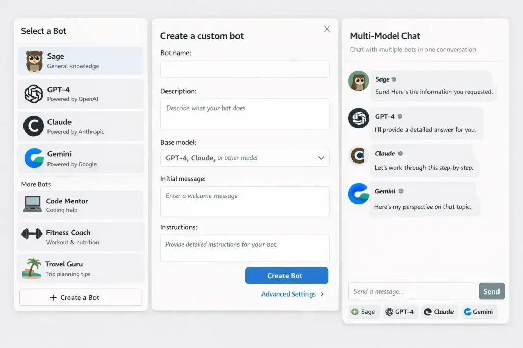 What Is Poe and How Does It Work? 1 Poe interface showing custom AI bot creation with GPT-4, Claude, and Gemini, alongside a multi-model chat where multiple AI bots respond in a single conversation.
