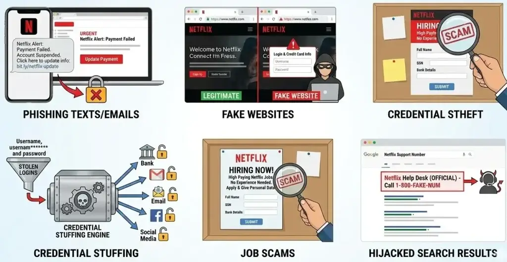White-Label Netflix App Security: Risks, Compliance & Safety in 2026 1 Common Netflix scams illustration showing phishing emails, fake websites, credential theft, job scams, and hijacked search results