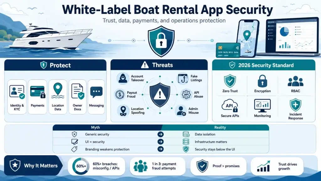 White-Label GetMyBoat App Security: Risks, Compliance & Safety Explained 1 White-label boat rental app security dashboard showing identity verification, payment protection, secure APIs, encryption, RBAC, fraud prevention, and location security.