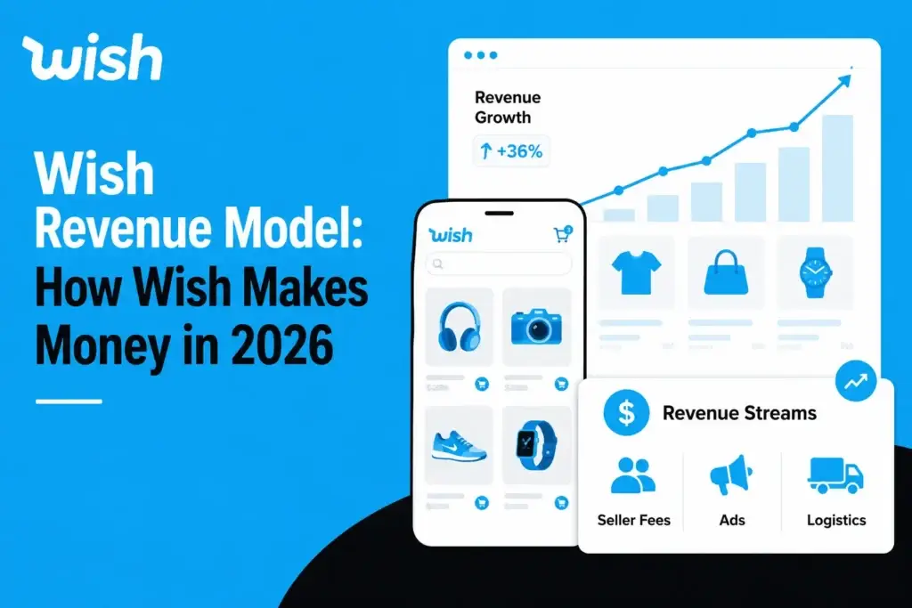 Wish revenue model visual showing ecommerce marketplace app, product listings, revenue growth chart, seller fees, ads, logistics, and marketplace revenue streams.