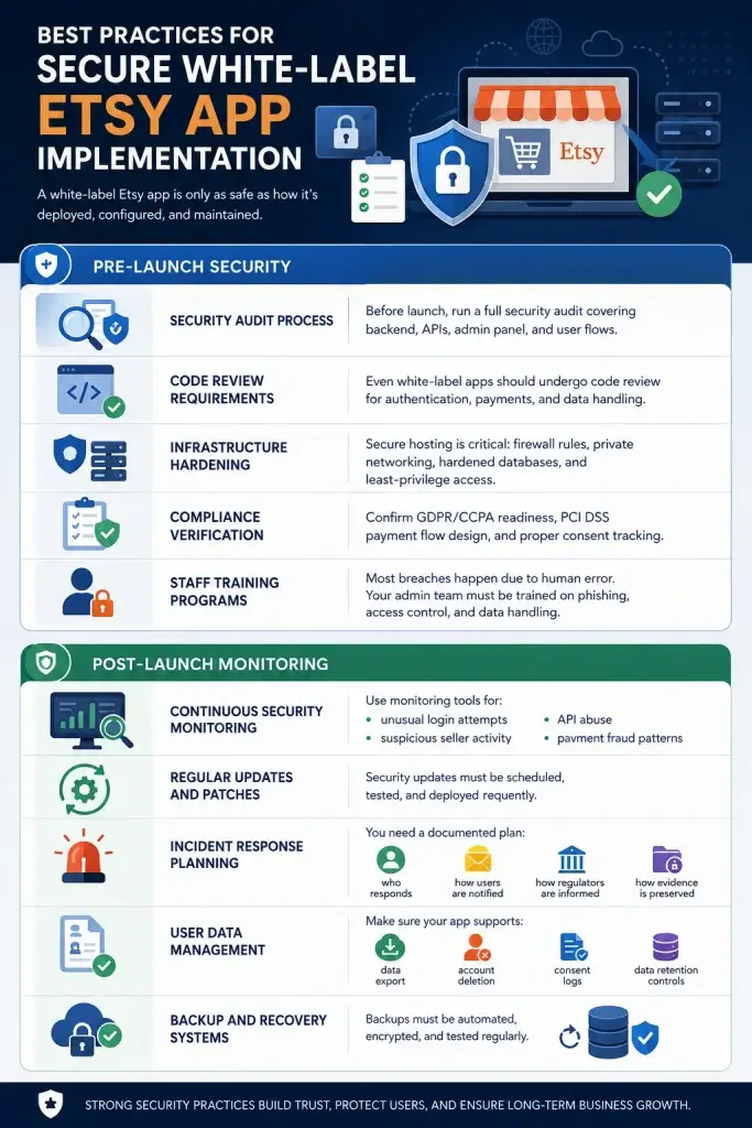 How Safe is a White-Label Etsy App? Security Guide 2026 1 Infographic explaining best practices for secure white-label Etsy app implementation, covering pre-launch security audits, infrastructure hardening, compliance verification, continuous monitoring, incident response planning, and backup recovery systems.