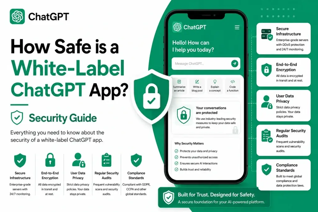 White label ChatGPT app security guide showing encrypted AI infrastructure user privacy protection and compliance features