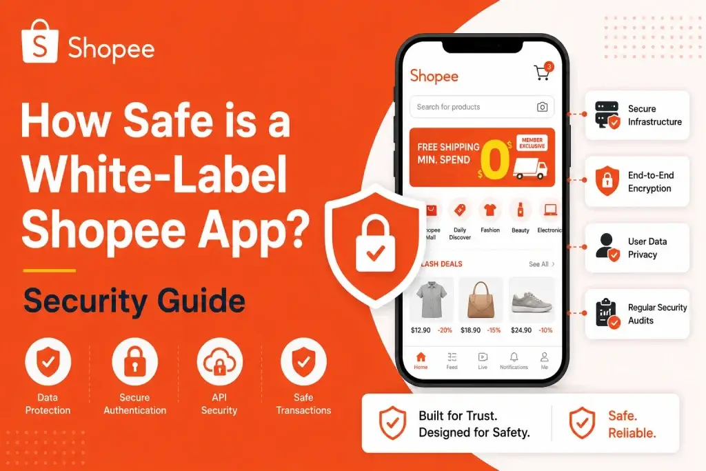White label Shopee app security guide showing secure infrastructure encryption user privacy and safe ecommerce transactions