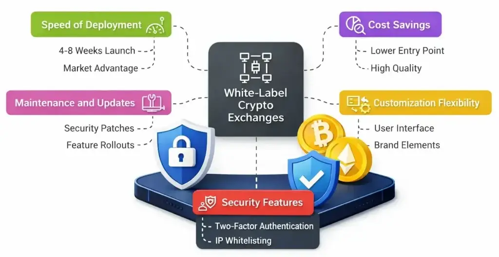 How Safe is a White-Label Crypto Exchange App? Security Guide 2026 1 Key benefits of a white-label crypto exchange app including security features, fast deployment, cost savings, customization, and maintenance support