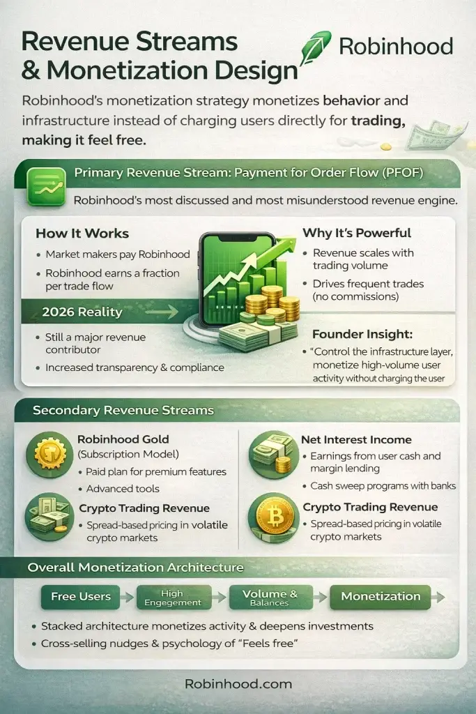 Business Model of Robinhood : Complete Strategy Breakdown 2026 1 Simple infographic showing Robinhood revenue streams in 2026 including PFOF, subscriptions, interest income, and crypto revenue