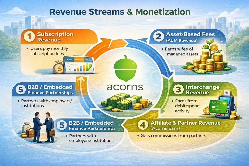 Business Model of Acorns : Complete Strategy Breakdown 2026 1 Simple visual diagram showing Acorns revenue streams including subscriptions, asset-based fees, interchange revenue, affiliate income, and partnerships