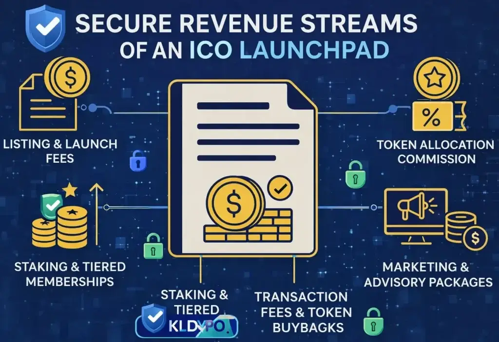 How Safe is a White-Label ICO Launchpad App? Security Guide 2026 1 Infographic showing secure revenue streams of an ICO Launchpad app including fees, staking, and commissions