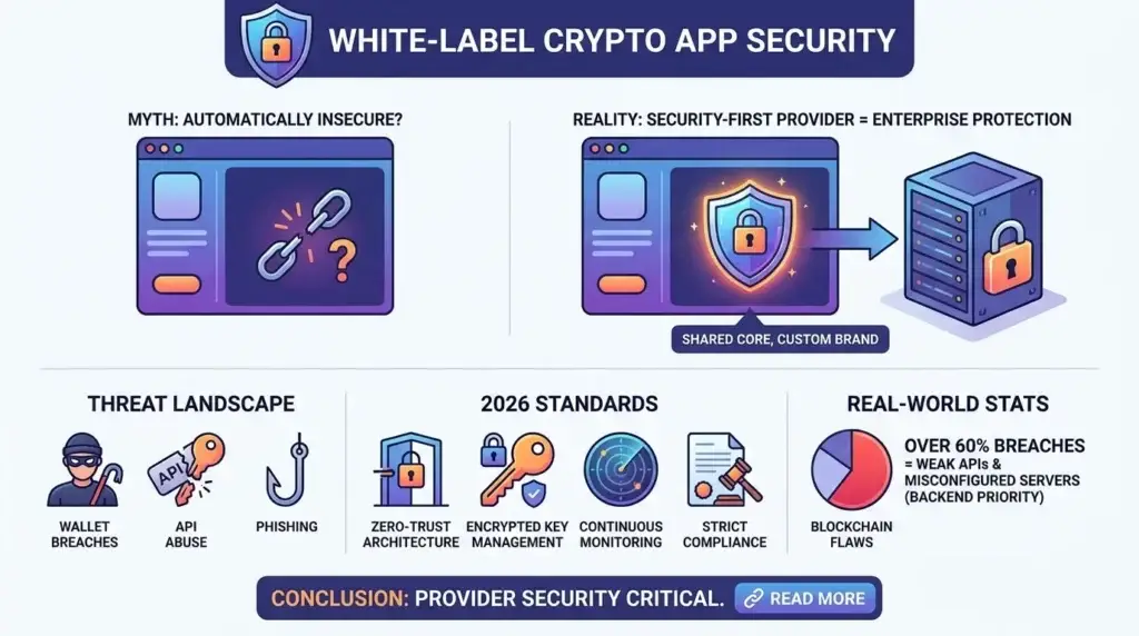 How Safe is a White-Label Coinbase App? Security Guide 2026 1 Infographic showing white-label crypto app security with myth versus reality, enterprise protection, shared core custom branding, wallet breaches, API abuse, phishing, zero-trust architecture, encrypted key management, monitoring, compliance, and breach risk stats.