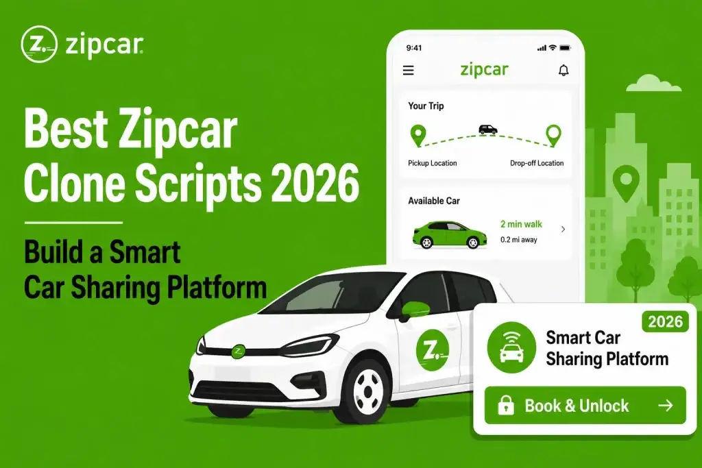 Zipcar clone script featured image showing a smart car sharing platform with trip booking, pickup and drop-off locations, available car, and book-and-unlock feature.