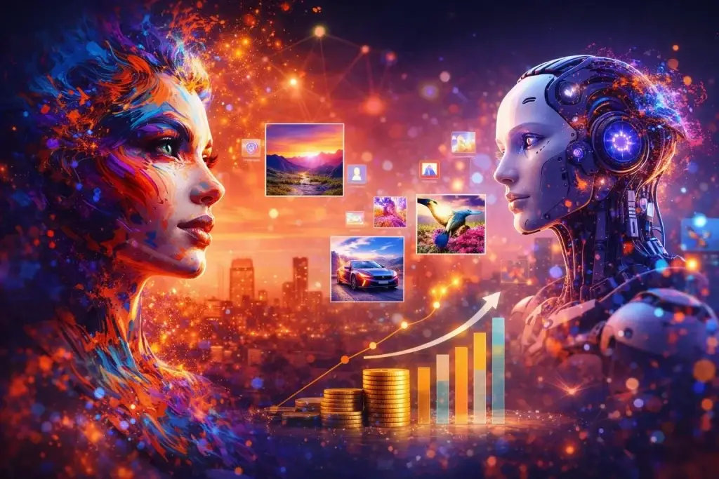 Creative AI platform visual showing how an Adobe Fireflyโstyle generative design system transforms digital creativity into scalable subscription and usage-based revenue growth