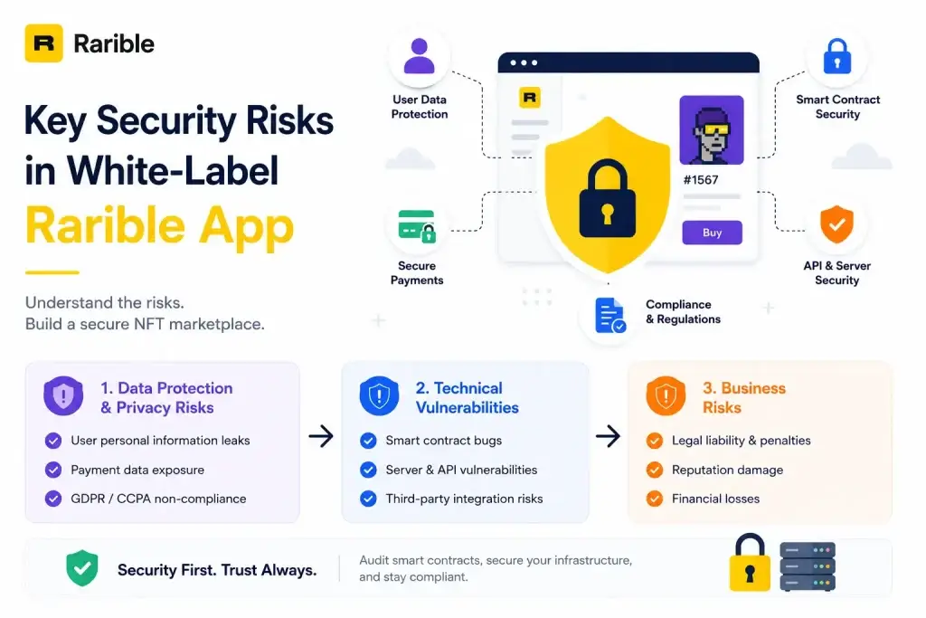 How Safe is a White-Label Rarible App? Security Guide 2026 1 Infographic explaining key security risks in a white-label Rarible app, including data protection, secure payments, smart contract security, API vulnerabilities, server security, and compliance risks.