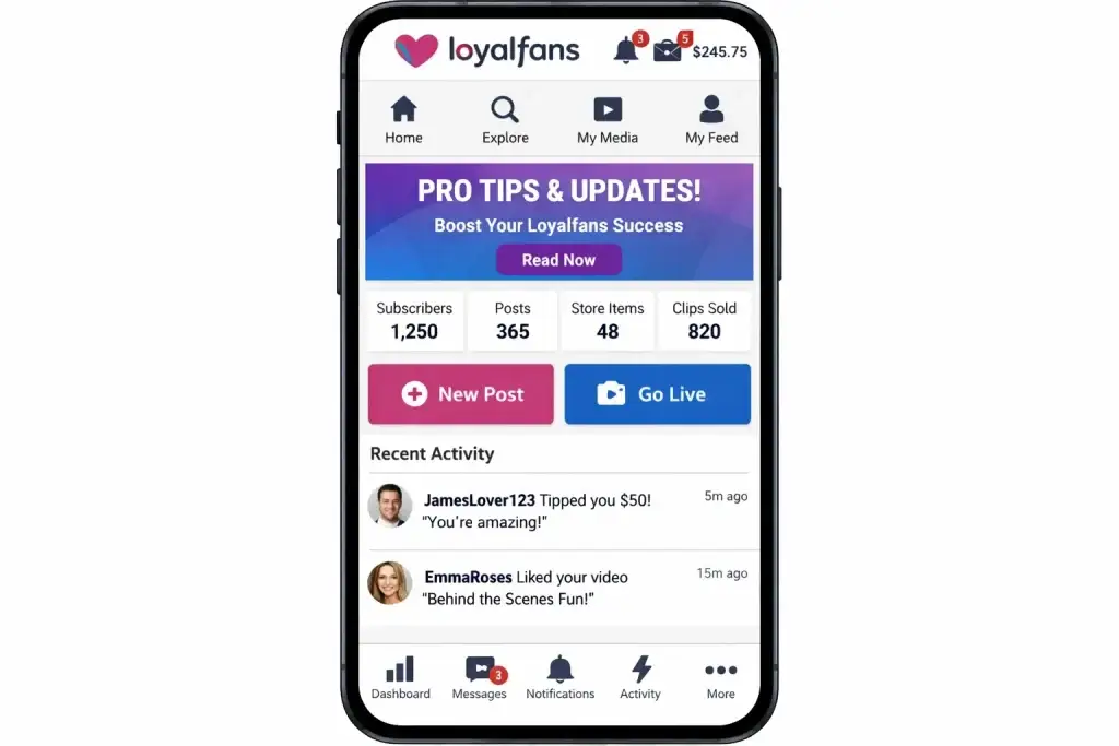 What is LoyalFans and How Does It Work? 1 LoyalFans mobile creator dashboard showing subscribers, posts, store items, clips sold, and buttons to create a new post or go live.