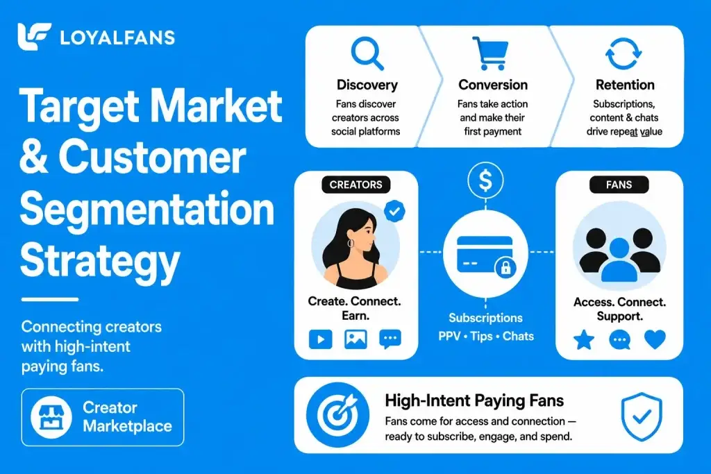 Business Model of LoyalFans: Complete Strategy Breakdown 2026 1 Featured image for LoyalFans target market and customer segmentation strategy showing creators, paying fans, subscriptions, discovery, conversion, retention, PPV, tips, and chat-based monetization.