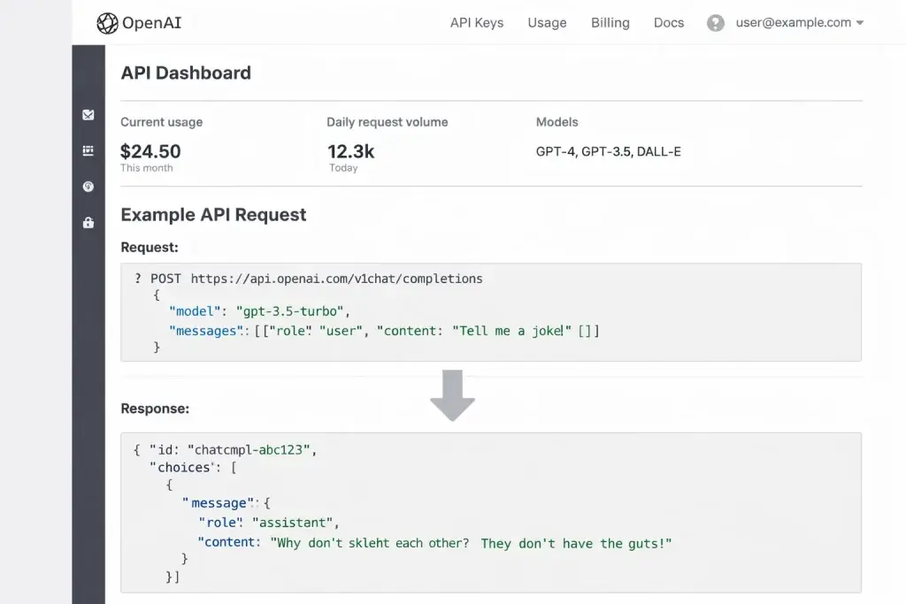 What Is the OpenAI API and How Does It Work? 1 OpenAI API Dashboard screenshot showing current usage, daily request volume, supported models, and an example API request with a sample JSON response.