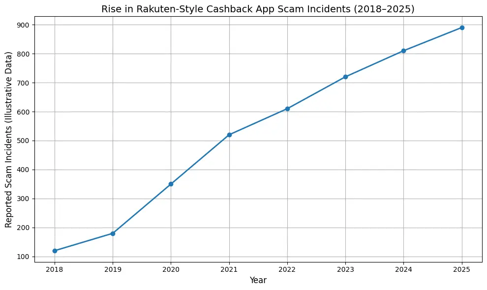How Safe is a White-Label Rakuten App? Security Guide 2026 1 Line graph showing increase in Rakuten-style cashback app scam incidents from 2018 to 2025