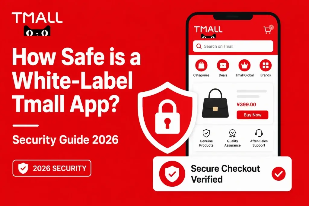 Featured image for white-label Tmall app security guide showing ecommerce app interface, secure checkout verification, product authenticity, quality assurance, after-sales support, and 2026 security protection.