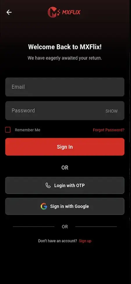 Amazon Prime Video Clone 21 OTT streaming app login screen showing email and password fields, OTP login option, Google sign-in button, remember me checkbox, and user authentication features.