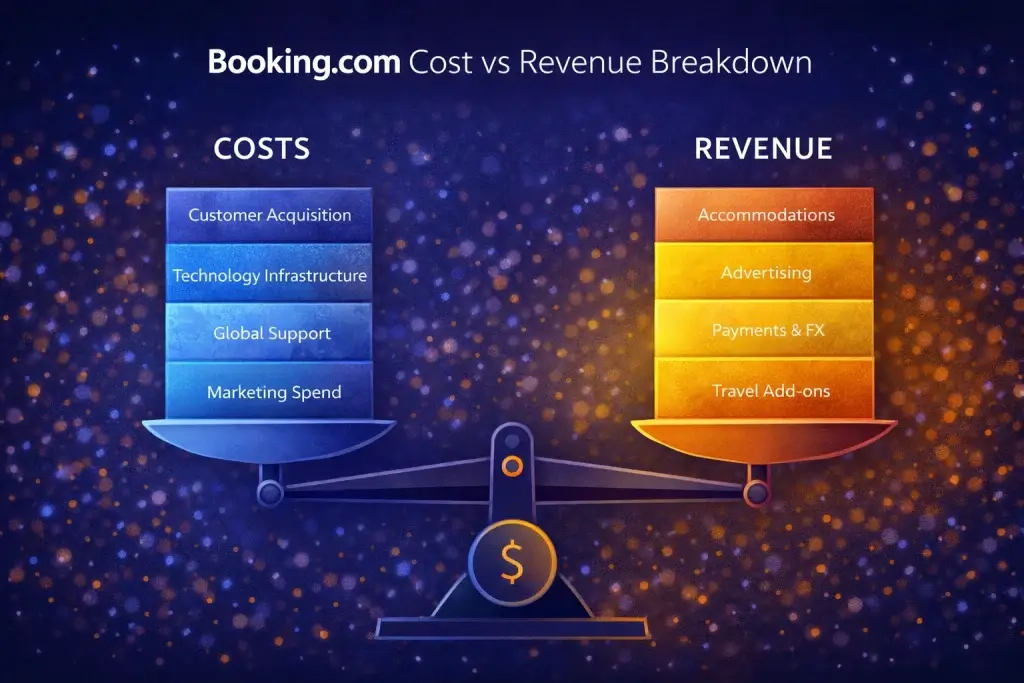 Booking.com Revenue Model: How Booking.com Makes Money in 2026 2 Cost vs Revenue breakdown booking