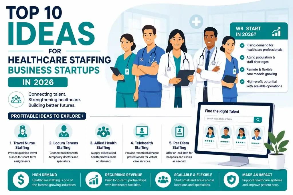 Top healthcare staffing business startup ideas infographic for 2026