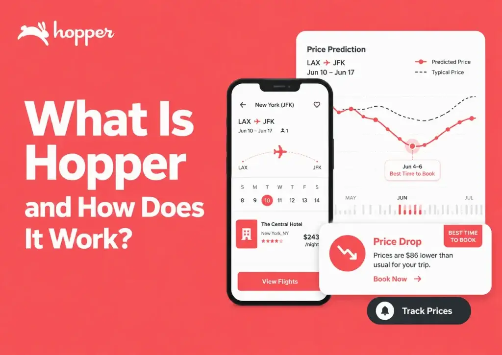 Infographic explaining what Hopper is and how it works with flight price prediction, price tracking, hotel booking, price drop alerts, and best time to book insights.