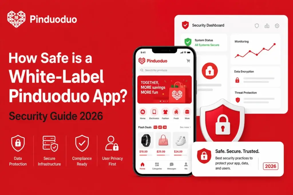 White-label Pinduoduo app security guide showing data protection, secure infrastructure, compliance readiness, and user privacy features