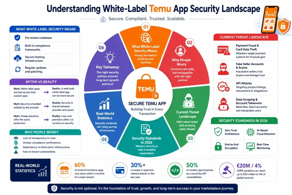 How Safe is a White-Label Temu App? Security Guide 2026 1 Infographic explaining white-label Temu app security landscape with secure codebase, compliance, hosting, payment fraud risks, API attacks, data scraping, and encryption.