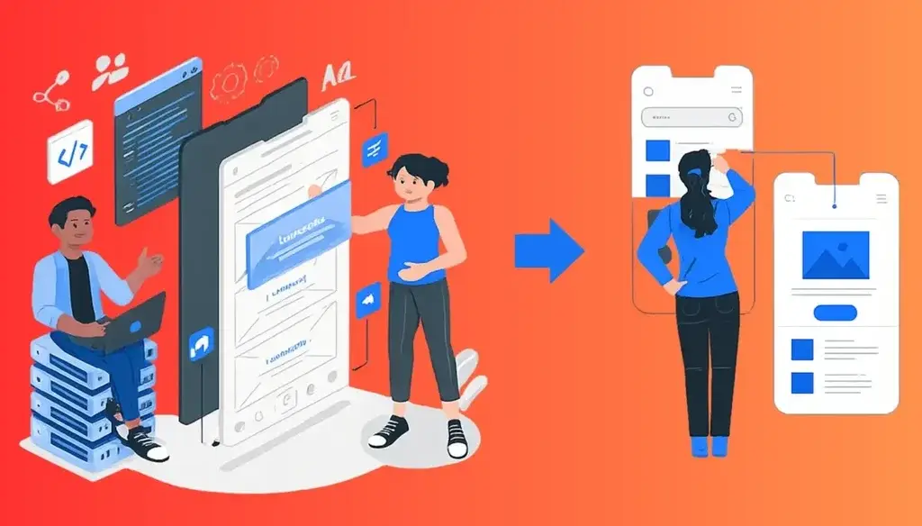 comparison of custom app development process and ready-made app interface showing transition from complex coding to simple app solution