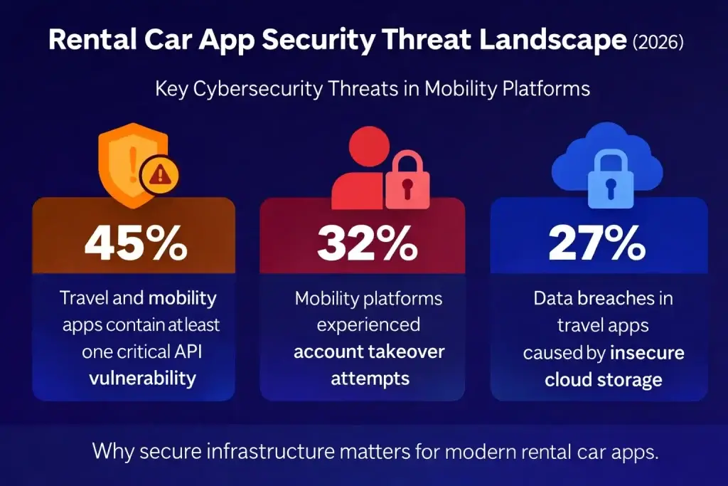 How Safe is a White-Label Rental Car App? Complete Security Guide 2026 1 Infographic showing cybersecurity risks in rental car apps including API vulnerabilities, account takeover attempts, and insecure cloud storage breaches