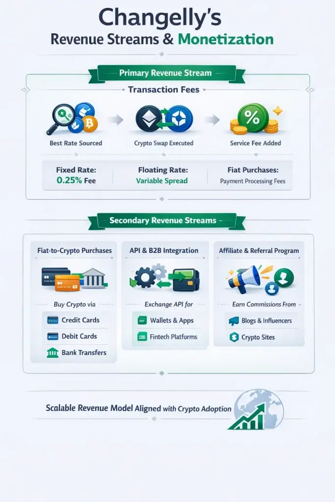 Business Model of Changelly : Complete Strategy Breakdown 2026 1 Simple infographic illustrating Changellyโs revenue streams, including transaction fees, fiat-to-crypto purchases, API & B2B integration, affiliate programs, and token listings, with clean visuals and arrows.