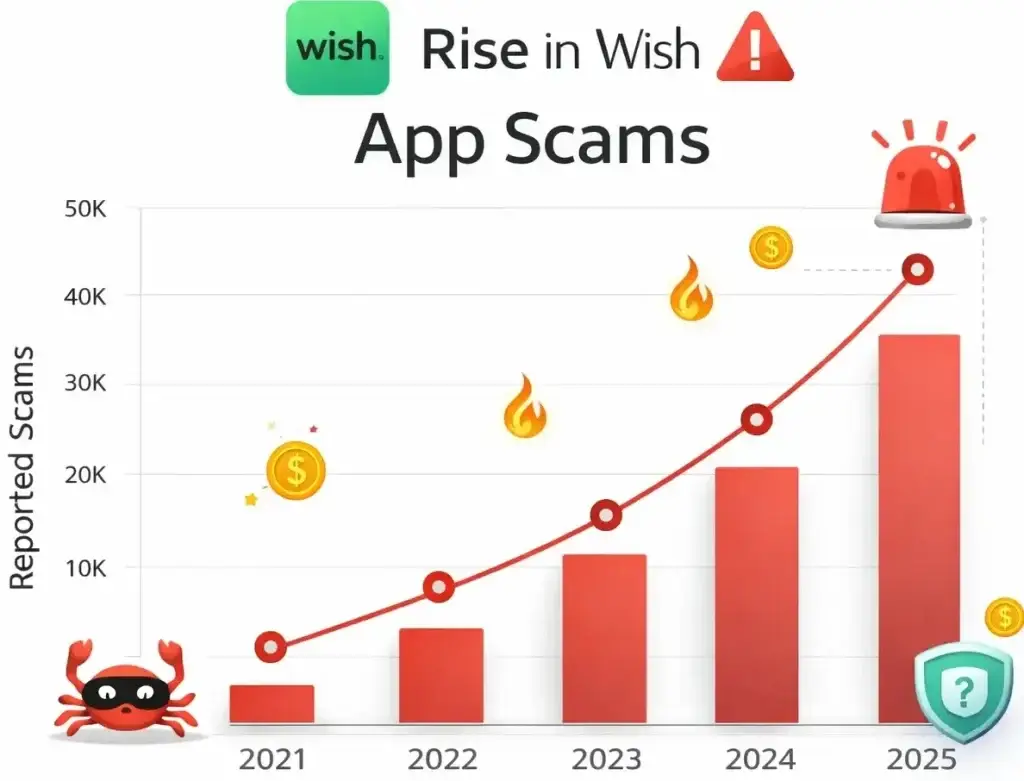 How Safe is a White-Label Wish App? Security Guide 2026 1 Graph showing increase in Wish app scam reports from 2021 to 2025 with rising trend and security warning indicators