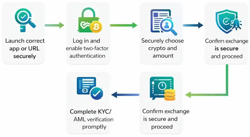 How Safe is a White-Label Changelly App? Security Guide 2026 2 Secure process flow for using a white-label Changelly crypto exchange app with login security, KYC verification, and transaction confirmation