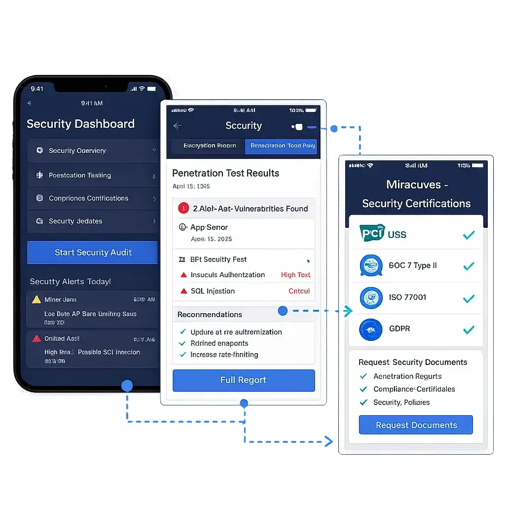 How Safe is a White-Label Rental Car App? Complete Security Guide 2026 2 Security dashboard showing penetration testing results, compliance certifications, and security monitoring for a white-label rental car app