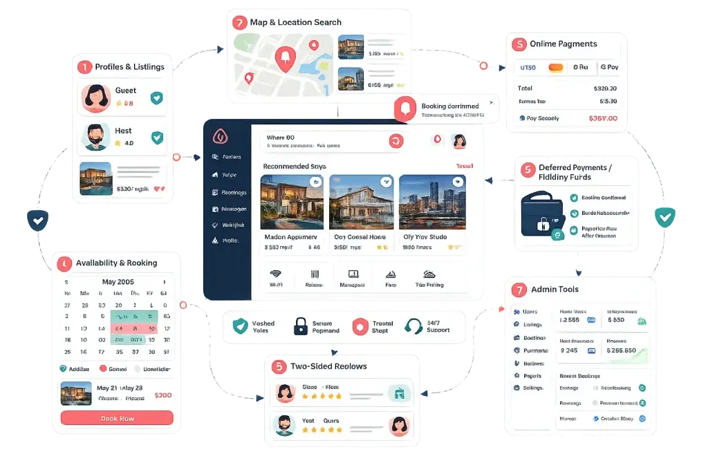 How to Build a Website Like Airbnb โ Complete Guide 1 Vacation rental booking platform workflow and feature infographic