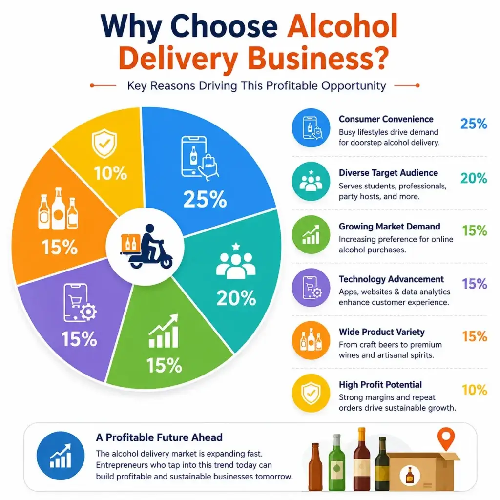 Top 10 Ideas for Alcohol Delivery Business Startups in 2026 1 Why choose an alcohol delivery business infographic showing market growth and customer demand