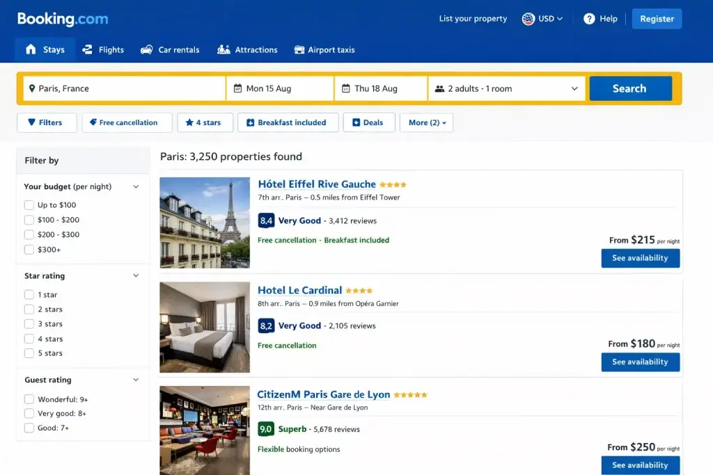 What Is Booking.com and How Does It Work? 1 Booking.com hotel search results page showing hotels in Paris with prices, ratings, and filters