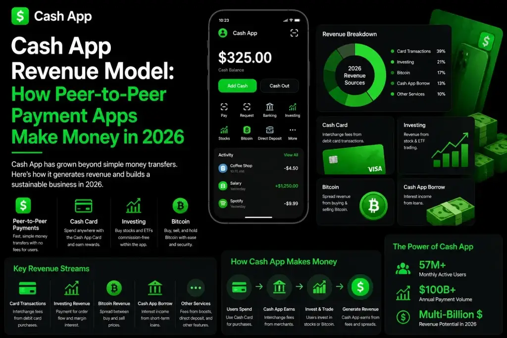 Cash App revenue model infographic showing peer-to-peer payments, Bitcoin, investing, and card transaction income streams