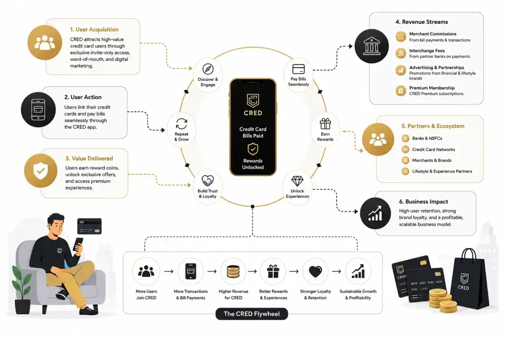 Business Model of CRED: Complete Strategy Breakdown 1 CRED business model flywheel infographic showing user acquisition, rewards ecosystem, revenue streams, and fintech growth strategy