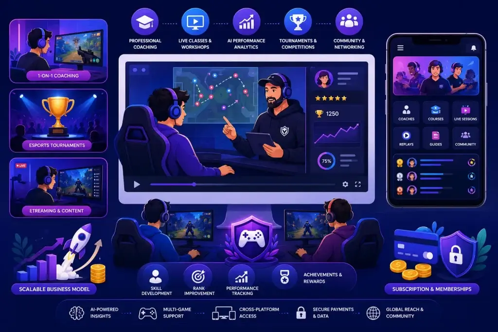 Top 10 Ideas for Online Gaming and eSports Coaching Business Startups 1 Modern esports coaching platform infographic showing gaming mentorship, tournaments, live classes, analytics, subscriptions, and community features