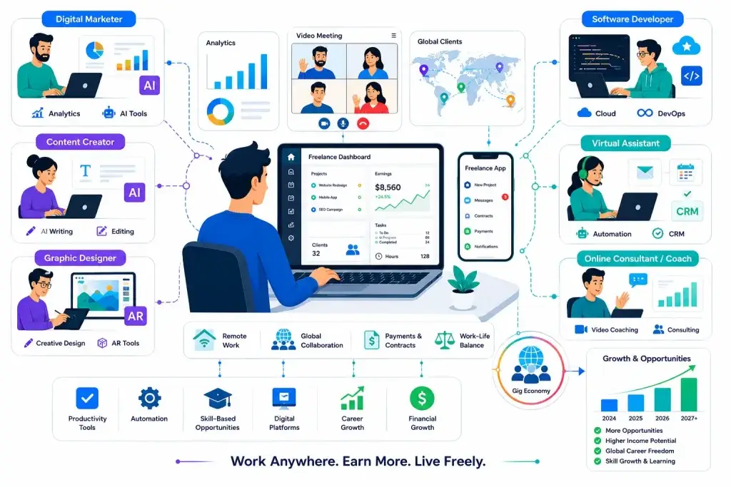 Top 10 Ideas for Freelance and Gig Economy Business Startups in 2026 1 Digital freelance and gig economy ecosystem infographic with remote work platforms