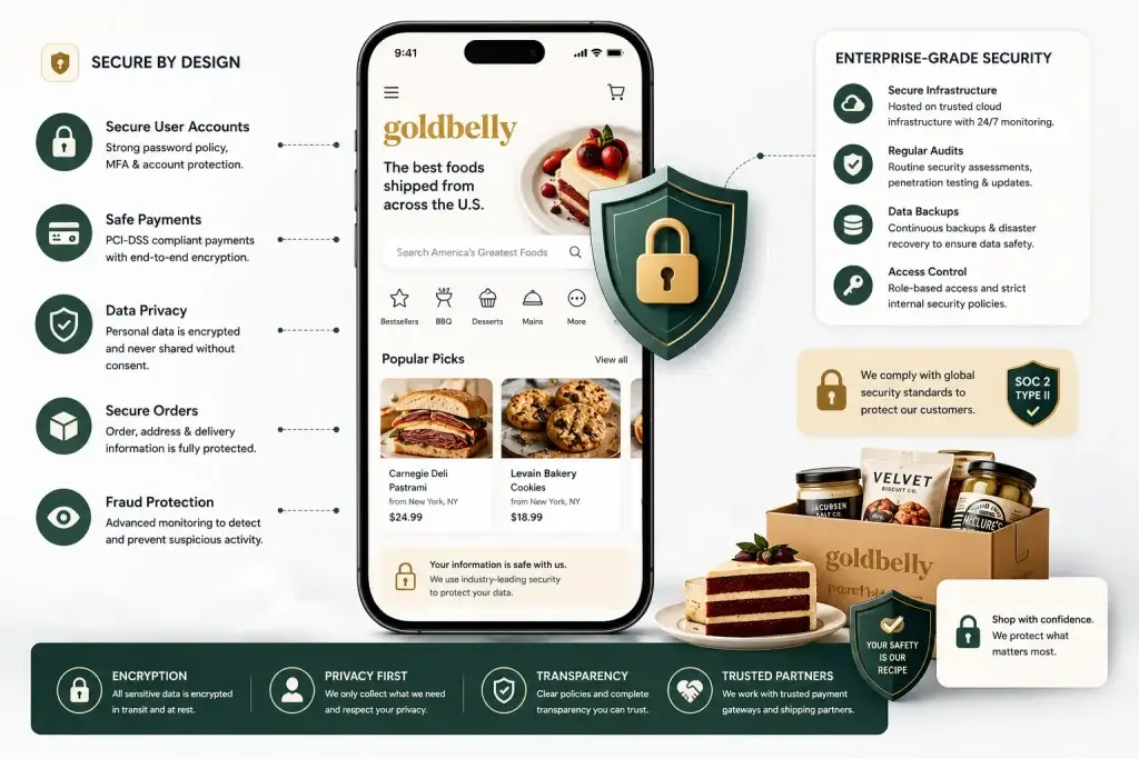 White-Label Goldbelly App Security: Risks, Compliance & Safety in 2026 1 Goldbelly-style food delivery mobile app with enterprise-grade security, encrypted payments, secure user accounts, and privacy protection illustration