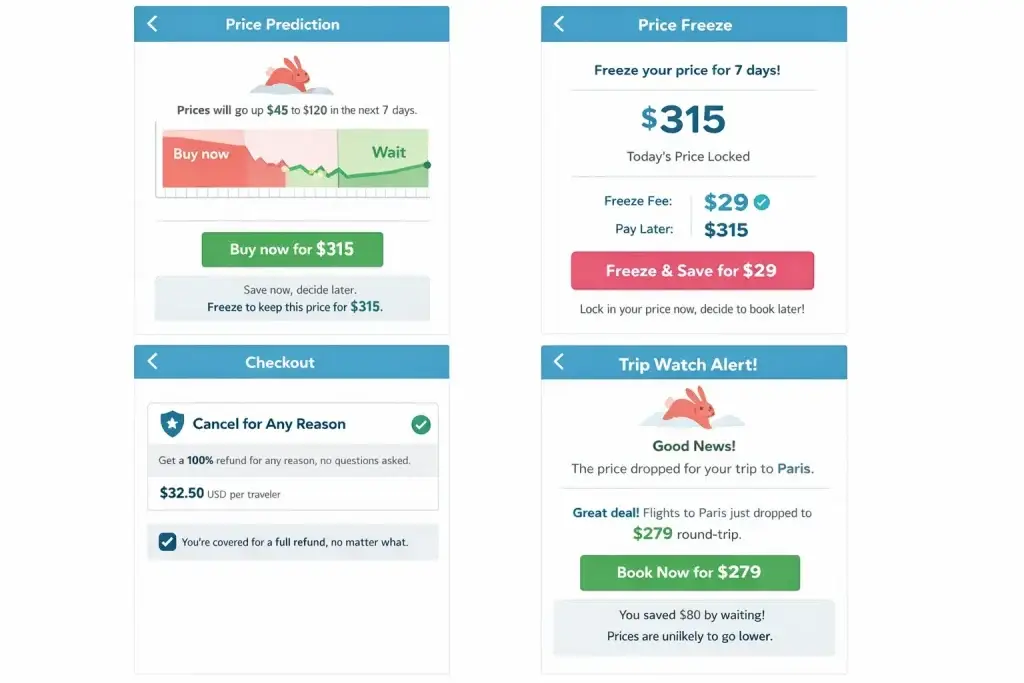 What Is Hopper and How Does It Work? 2 Hopper app features showing price prediction, price freeze, refund protection, and trip price alert