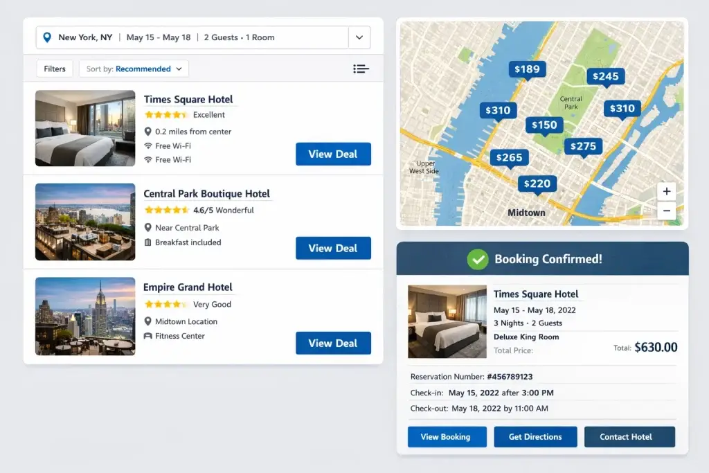What Is Booking.com and How Does It Work? 2 Hotel booking platform showing search results, map with hotel prices, and booking confirmation details