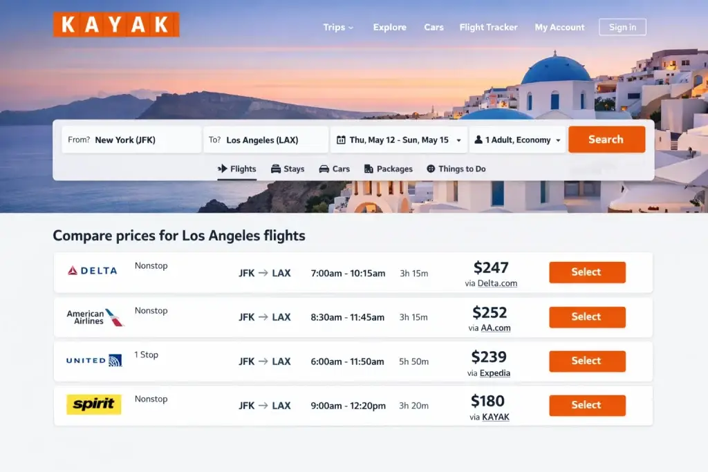 What Is KAYAK and How Does It Work? 1 KAYAK flight comparison results showing prices from New York to Los Angeles with multiple airlines.