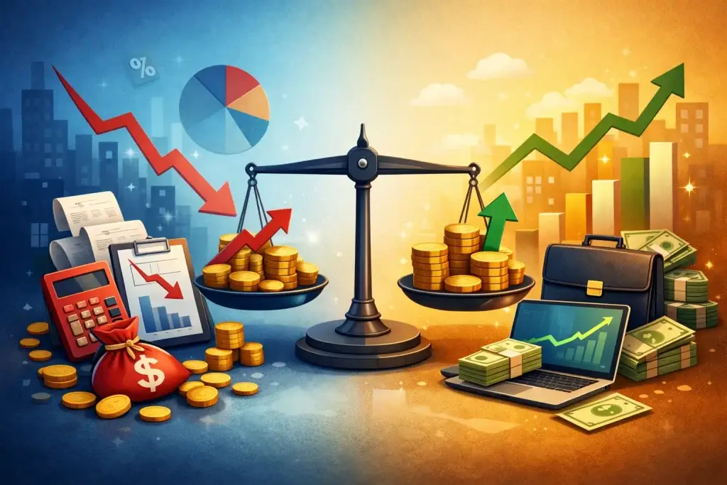 Abstract illustration of travel search platform monetization with growth signals and digital ecosystem elements