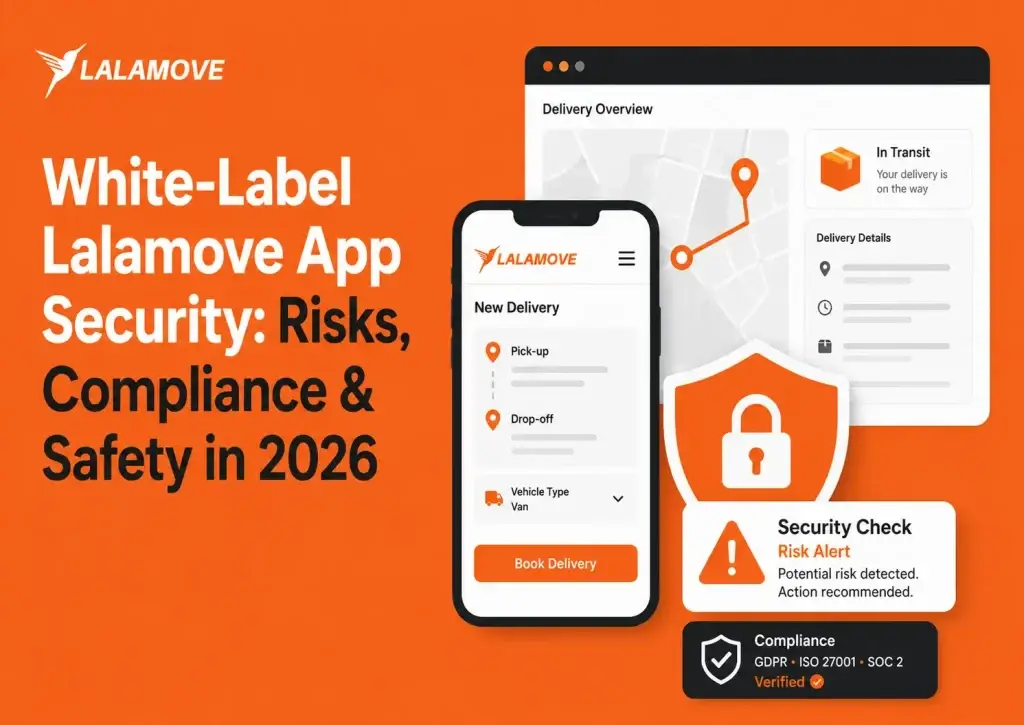 Infographic showing white-label Lalamove app security with delivery tracking, risk alerts, compliance verification, encrypted logistics data, and safety checks.