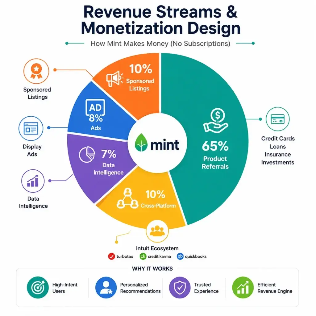 Business Model of Mint :Complete Strategy Breakdown 2026 1 Mint revenue streams and monetization design infographic showing product referrals and advertising revenue
